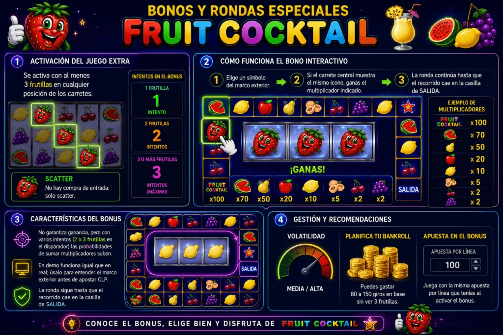 GuĂa visual de los bonos y rondas especiales de Fruit Cocktail con multiplicadores y consejos de bankroll.