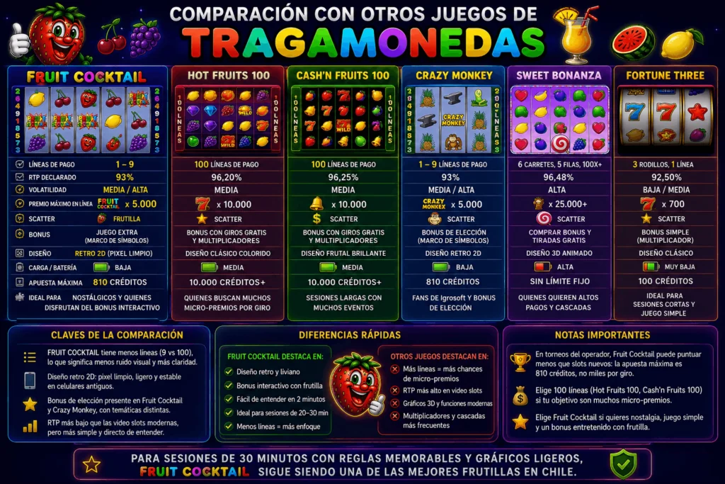 ComparaciĂłn de Fruit Cocktail con otras tragamonedas mostrando RTP, volatilidad, lĂneas de pago y bonos.