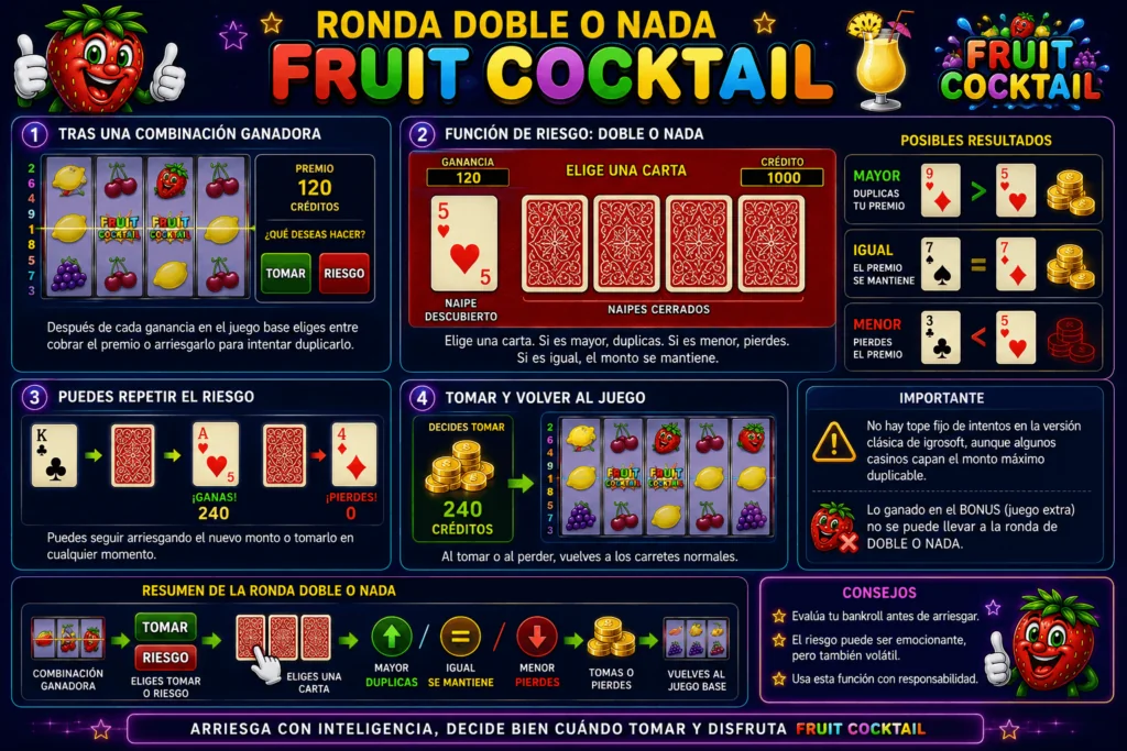 ExplicaciĂłn de la funciĂłn doble o nada de Fruit Cocktail con cartas, riesgos y ejemplos de premios.