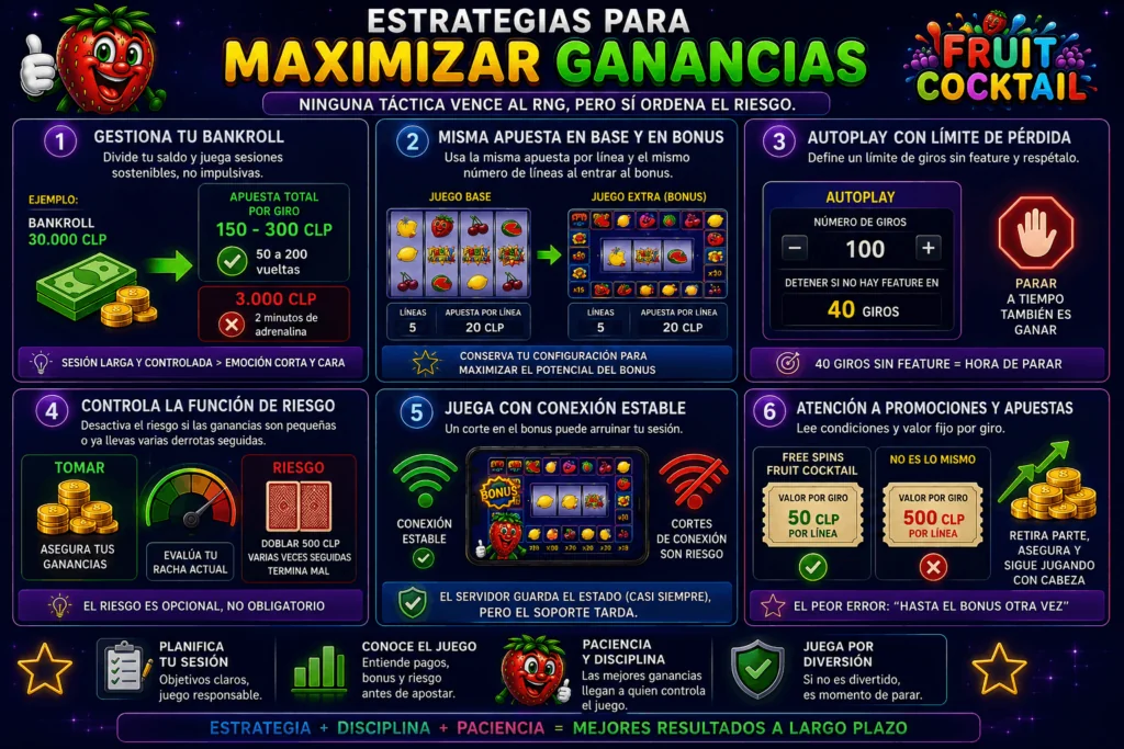 GuĂa de estrategias para Fruit Cocktail con gestiĂłn de bankroll, autoplay y juego responsable.