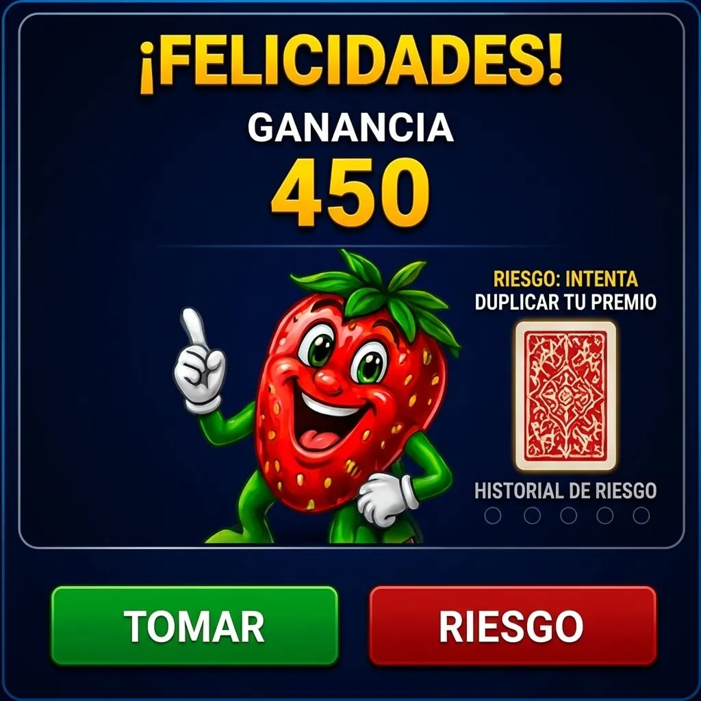 Pantalla de premio con opciones “Tomar” o “Riesgo” para duplicar ganancias