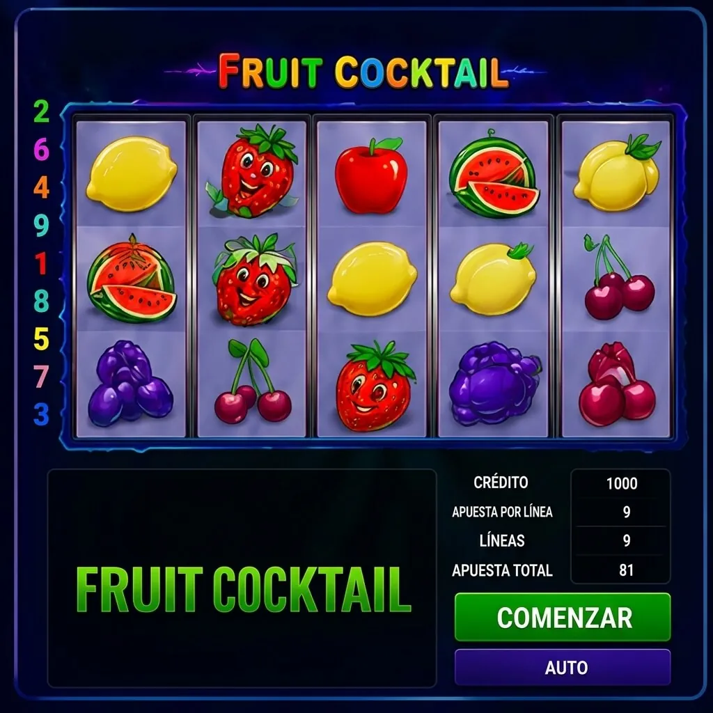 Giro de carretes en Fruit Cocktail con botón “Comenzar”