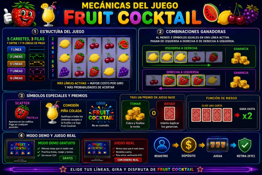InfografĂa sobre las mecánicas de la tragamonedas Fruit Cocktail, lĂneas de pago, sĂmbolos, modo demo y funciĂłn de riesgo.