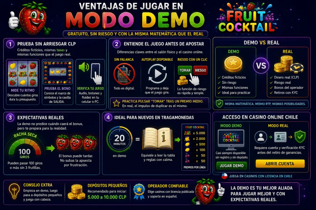 InfografĂa sobre el modo demo de Fruit Cocktail con consejos para principiantes y comparaciĂłn entre demo y juego real.