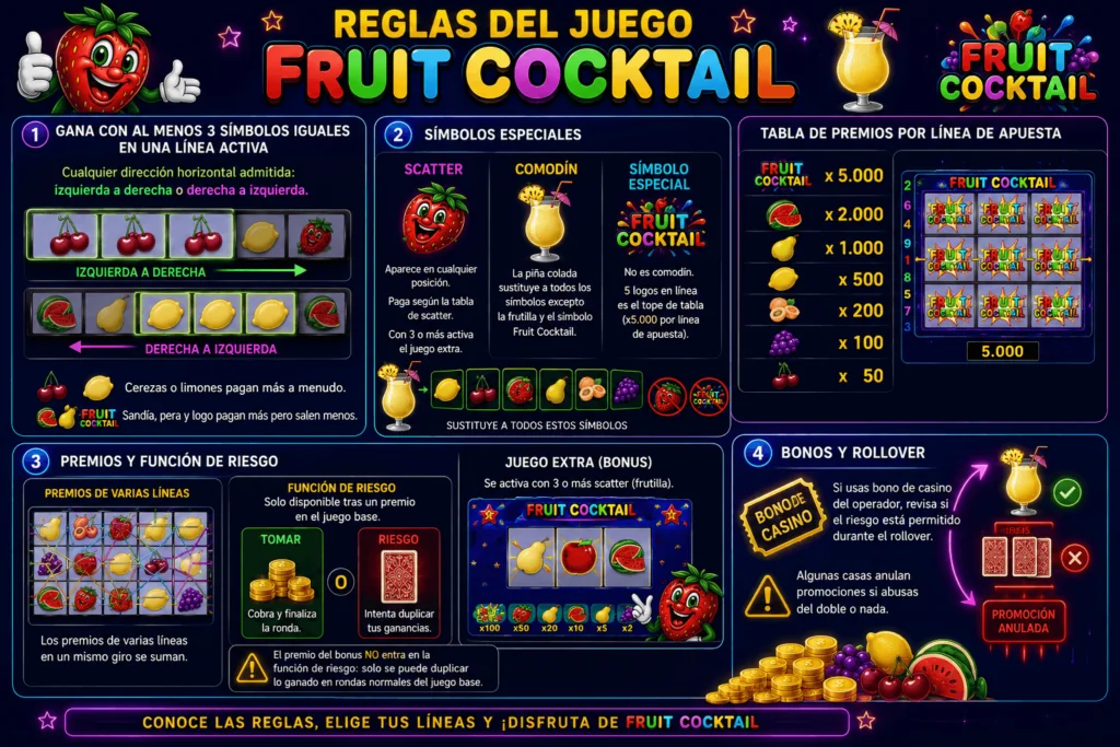 InfografĂa con las reglas de Fruit Cocktail, pagos, sĂmbolos especiales y funciones de bono.