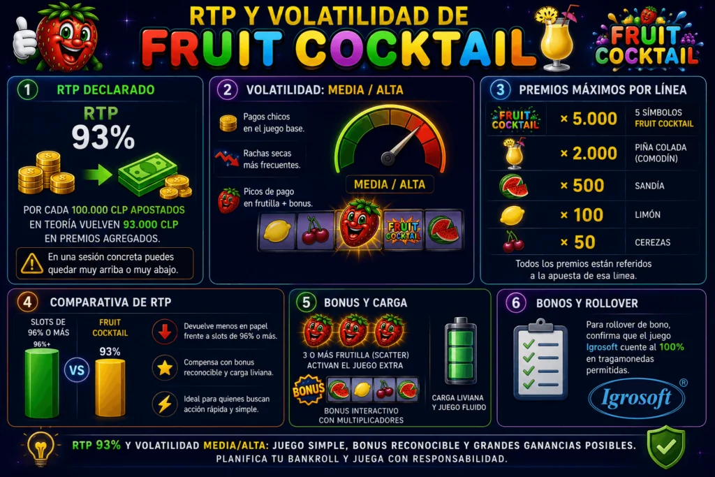 InfografĂa sobre el RTP, volatilidad, premios máximos y caracterĂsticas de bono de Fruit Cocktail.