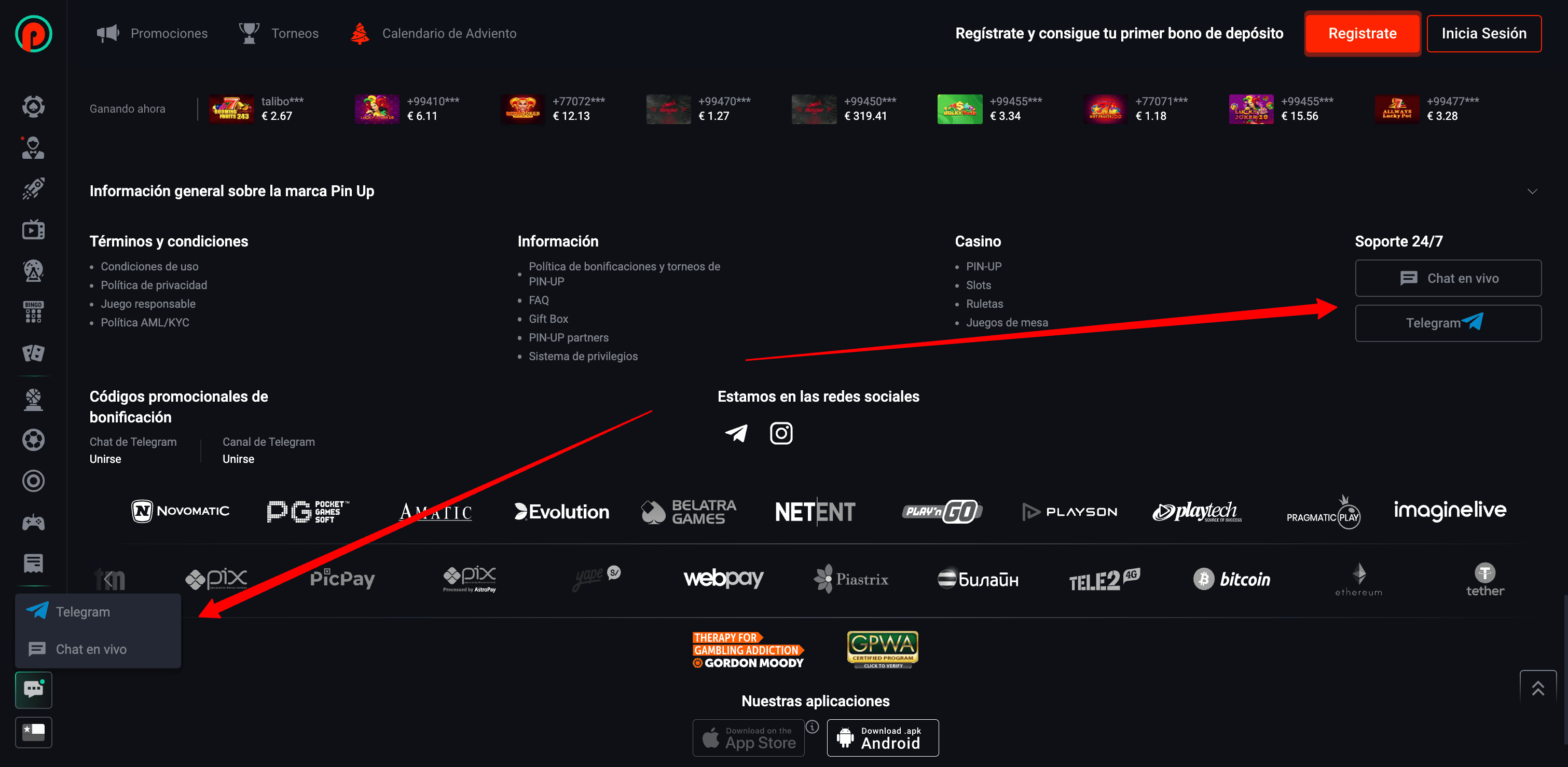 Servicio de soporte de Pin Up Casino