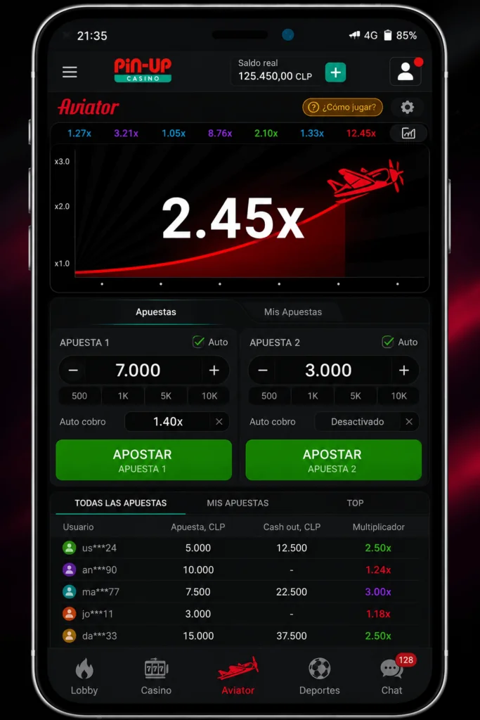 Pantalla móvil del juego Aviator