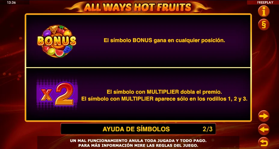 Guía de símbolos BONUS y multiplicador x2 del juego All Ways Hot Fruits.