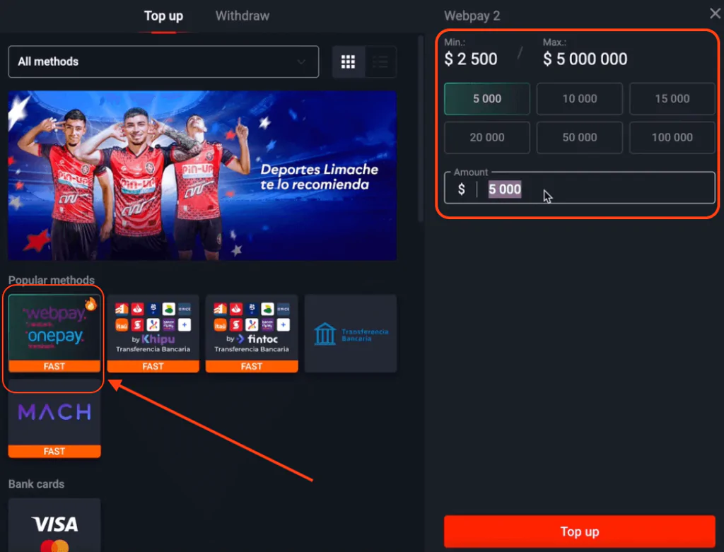 Usuario seleccionando Webpay como método de depósito en el casino Pin-Up